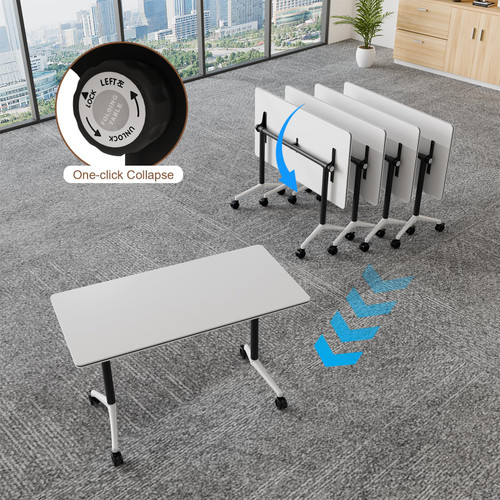4 Pack Folding Conference Tables with Wheels,55.1in Flip Top Modular Conference Table,Mobile Joinable Conference Tables,Stackable Space-Saving Training Table for Office Classroom Seminar(White1)