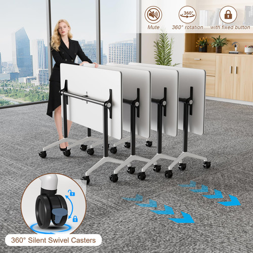 4 Pack Folding Conference Tables with Wheels,55.1in Flip Top Modular Conference Table,Mobile Joinable Conference Tables,Stackable Space-Saving Training Table for Office Classroom Seminar(White1)