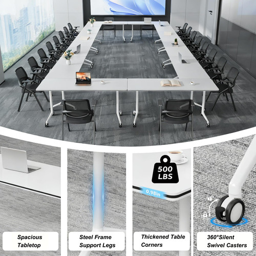 4 Pack Folding Conference Tables with Wheels,55.1in Flip Top Modular Conference Table,Mobile Joinable Conference Tables,Stackable Space-Saving Training Table for Office Classroom Seminar(White2)
