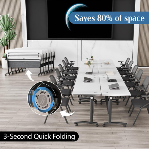 4 Pack Folding Conference Tables with Wheels,55.1in Flip Top Modular Conference Table,Mobile Joinable Conference Tables,Stackable Space-Saving Training Table for Office Classroom Seminar(White4)