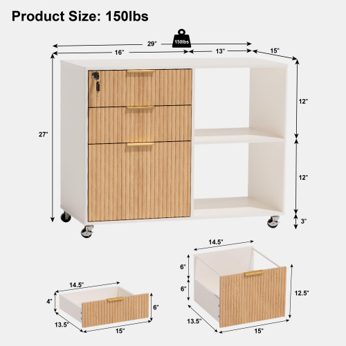 3 Drawer Fluted Mobile Filing Cabinet with Lock, Lateral Rolling Under Desk File Cabinet, Wooden Printer Stand Table for Home Office Essentials Storage Organization Furniture Letters/A4(Oak)
