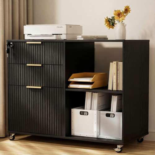 3 Drawer Fluted Mobile Filing Cabinet with Lock, Lateral Rolling Under Desk File Cabinet, Wooden Printer Stand Table for Home Office Essentials Storage Organization Furniture Letters/A4(Black)