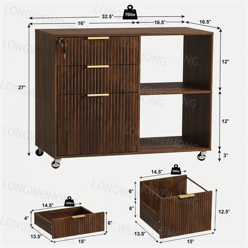 3 Drawer Fluted Mobile Filing Cabinet with Lock, Lateral Rolling Under Desk File Cabinet, Wooden Printer Stand Table for Home Office Essentials Storage Organization Furniture Letters/A4(Walnut)