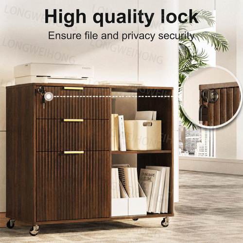 3 Drawer Fluted Mobile Filing Cabinet with Lock, Lateral Rolling Under Desk File Cabinet, Wooden Printer Stand Table for Home Office Essentials Storage Organization Furniture Letters/A4(Walnut)