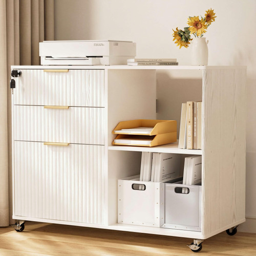 3 Drawer Fluted Mobile Filing Cabinet with Lock, Lateral Rolling Under Desk File Cabinet, Wooden Printer Stand Table for Home Office Essentials Storage Organization Furniture Letters/A4(White)
