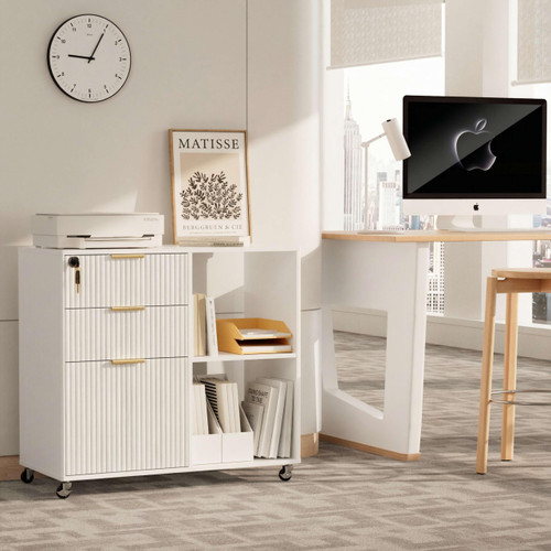 3 Drawer Fluted Mobile Filing Cabinet with Lock, Lateral Rolling Under Desk File Cabinet, Wooden Printer Stand Table for Home Office Essentials Storage Organization Furniture Letters/A4(White)