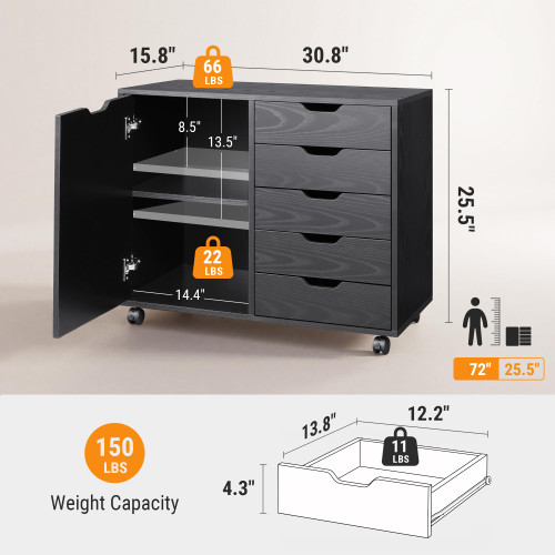 5-Drawer Wood Drawer Cabinet, Office Storage Cabinet, Black