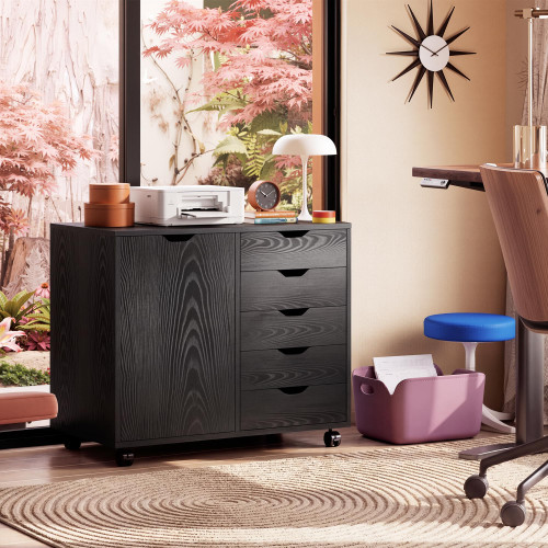 5-Drawer Wood Drawer Cabinet, Office Storage Cabinet, Black