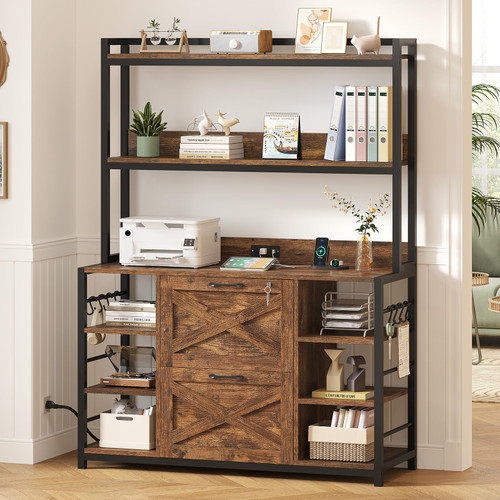 File Cabinet, Filing Cabinet fits Legal/Letter/A4 Size, 2 Drawer Filing Cabinets for Home Office with Lock, Power Strip and Open Storage Shelves, Rustic Brown