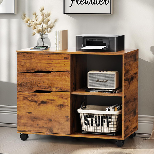 File Cabinet with 3 Drawers, Wood Under Desk Storage Printer Stand
