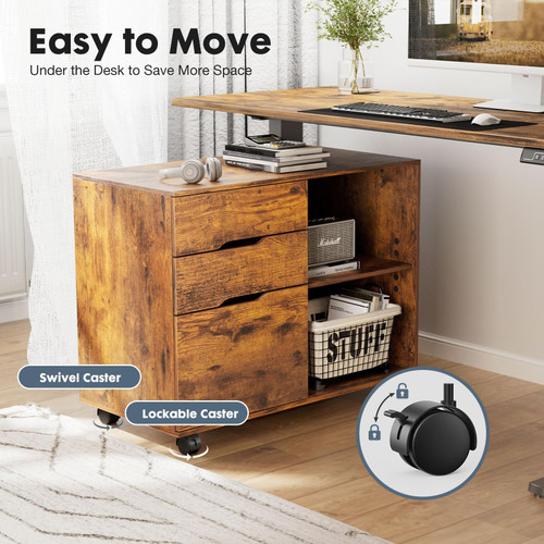 File Cabinet with 3 Drawers, Wood Under Desk Storage Printer Stand