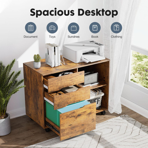 Wood File Cabinet with 3 Drawers, Rolling Printer Stand