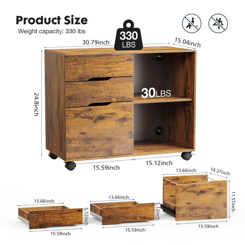 Wood File Cabinet with 3 Drawers, Rolling Printer Stand