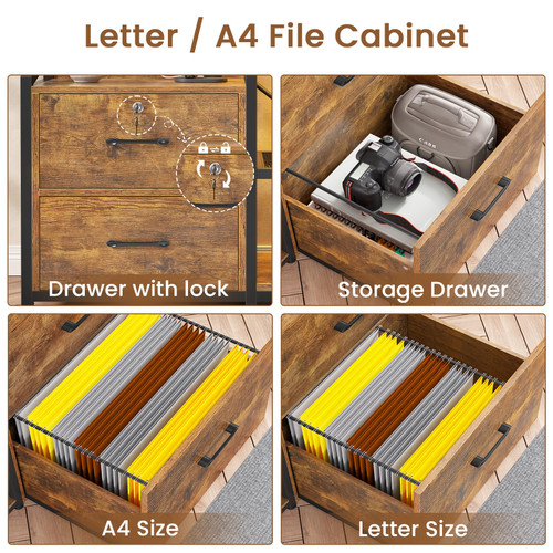 35.4” File Cabinet, Filing Cabinet fits Letter/A4 Size, 2 Drawe File Cabinets for Home Office with Power Strip, LED Lights, Lock, Open Shelf, Rustic Brown