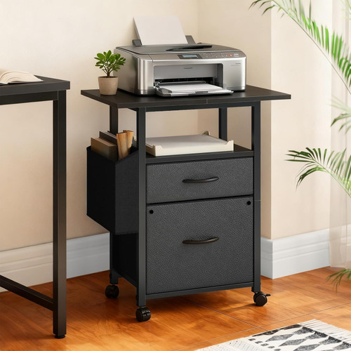 2 Drawer File Cabinet with 24" Extended Desktop, Mobile Filing Cabinet, Rolling File Cabinet with Side Bag, Fabric Drawer, Fits A4/Letter Size, Printer Stand Home Office, Black