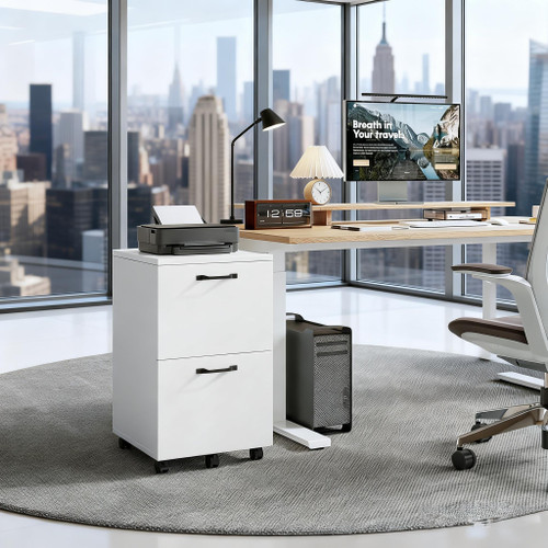 2 Drawer Filing Cabinet, Wood Rolling Filing Cabinets with Printer Stand, Under Desk Storage Lockable Wheels, Home Office Organizer for A4 Letter Legal Size Documents,White