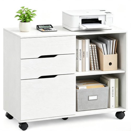 3 Drawer Rolling File Cabinet, Wood Printer Stand with Adjustable Shelf for Home Office Study Organizatiom, White