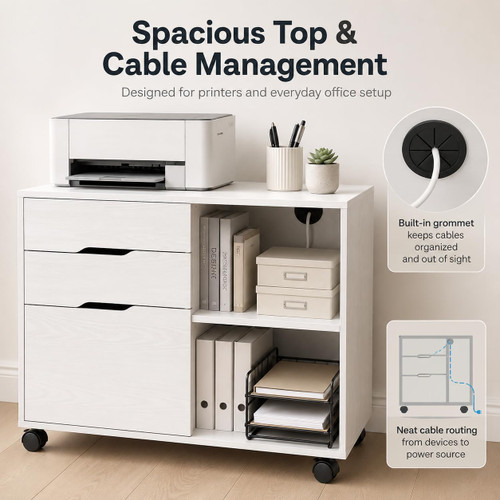 3 Drawer Rolling File Cabinet, Wood Printer Stand with Adjustable Shelf for Home Office Study Organizatiom, White