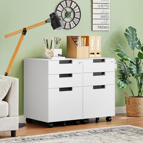 3 Drawer Mobile File Cabinet with Lock,Under Desk Metal Small Filing Cabinets for Home Office Organizer Letters/Legal/A4(Fully Assembled Except Wheels-White)