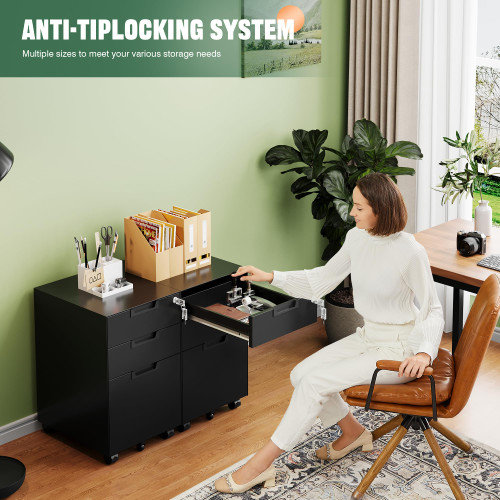 3 Drawer Mobile File Cabinet with Lock,Under Desk Metal Small Filing Cabinets for Home Office Organizer Letters/Legal/A4(Fully Assembled Except Wheels-Black)