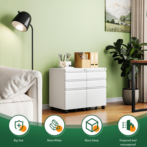 3 Drawer Mobile File Cabinet with Lock, Under Desk Metal Filing Cabinets for Home Office Organizer Letters/Legal/A4(Fully Assembled-White)