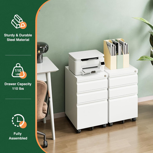 3 Drawer Mobile File Cabinet with Lock, Under Desk Metal Filing Cabinets for Home Office Organizer Letters/Legal/A4(Fully Assembled-White)