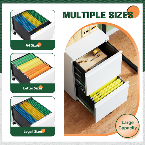 2 Drawer Mobile File Cabinet with Lock,Under Desk Metal Filing Cabinets for Home Office Organizer Letters/Legal/A4(Fully Assembled-White)