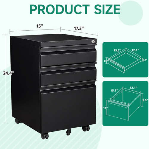 3 Drawer Mobile File Cabinet with Lock, Under Desk Metal Rolling Filing Cabinets for Home Office Organizer Letters/Legal/A4 (Black- Requires Installation) (Black)