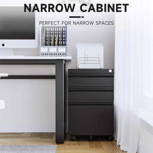 3 Drawer Mobile File Cabinet with Lock, Under Desk Metal Rolling Filing Cabinets for Home Office Organizer Letters/Legal/A4 (Black- Requires Installation) (Black)