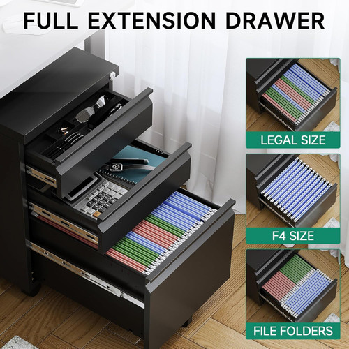 3 Drawer Mobile File Cabinet with Lock, Under Desk Metal Rolling Filing Cabinets for Home Office Organizer Letters/Legal/A4 (Black- Requires Installation) (Black)