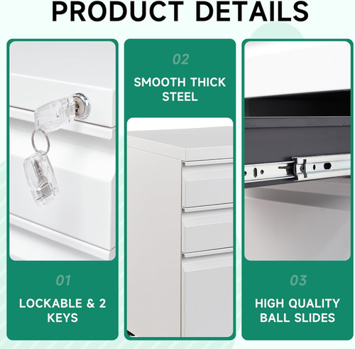 3 Drawer Mobile File Cabinet with Lock, Under Desk Metal Rolling Filing Cabinets for Home Office Organizer Letters/Legal/A4 (White- Requires Installation) (White)