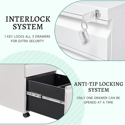 3 Drawer Mobile File Cabinet with Lock, Under Desk Metal Rolling Filing Cabinets for Home Office Organizer Letters/Legal/A4 (White- Requires Installation) (White)