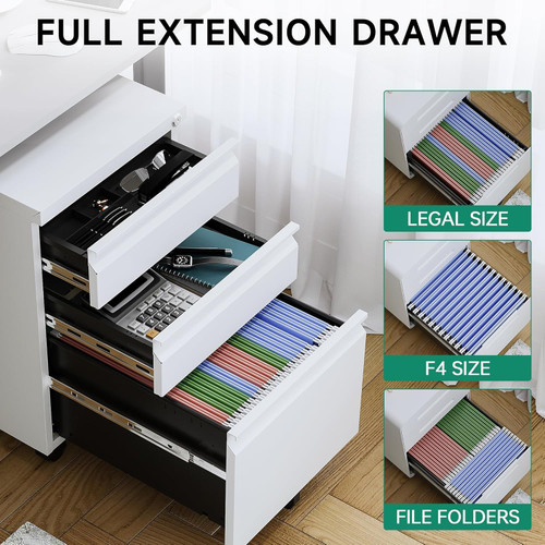 3 Drawer Mobile File Cabinet with Lock, Under Desk Metal Rolling Filing Cabinets for Home Office Organizer Letters/Legal/A4 (White- Requires Installation) (White)