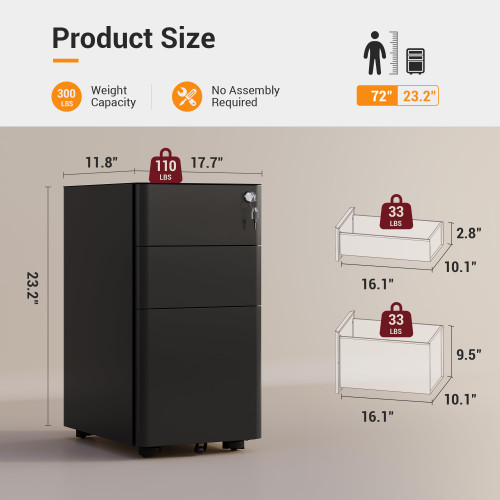 3 Drawer Mobile File Cabinet, Fully Assembled Except Casters