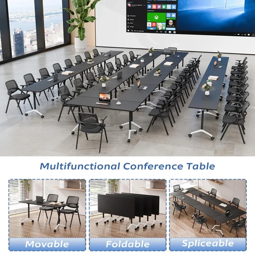 4 Pack Folding Conference Tables with Wheels,70.8in Flip Top Modular Conference Table,Mobile Joinable Conference Tables,Stackable Space-Saving Training Table for Office Classroom Seminar(Black)