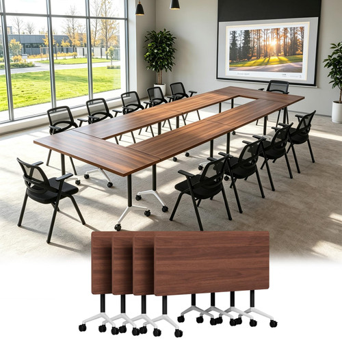 4 Pack Folding Conference Tables with Wheels,70.8in Flip Top Modular Conference Table,Mobile Joinable Conference Tables,Stackable Space-Saving Training Table for Office Classroom Seminar(Walnut 3)