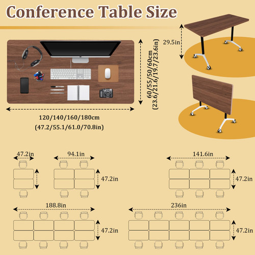 4 Pack Folding Conference Tables with Wheels,70.8in Flip Top Modular Conference Table,Mobile Joinable Conference Tables,Stackable Space-Saving Training Table for Office Classroom Seminar(Walnut 3)
