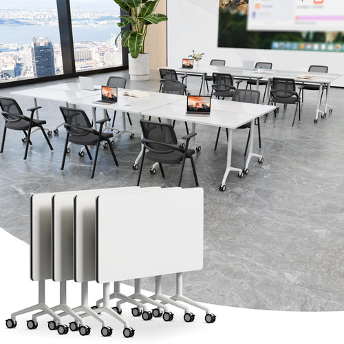 4 Pack Folding Conference Tables with Wheels,70.8in Flip Top Modular Conference Table,Mobile Joinable Conference Tables,Stackable Space-Saving Training Table for Office Classroom Seminar(White2)