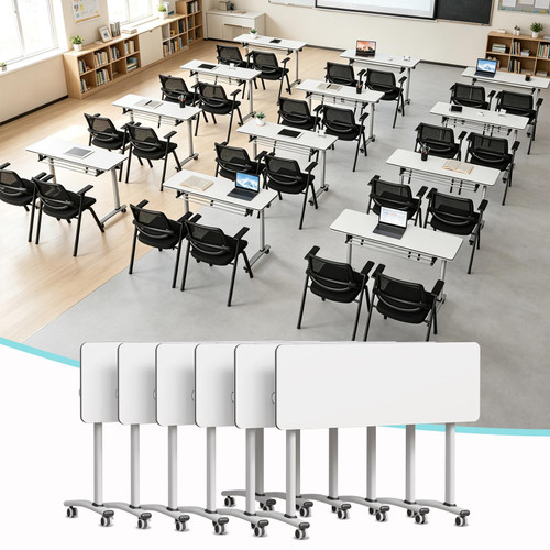6 Pack Folding Conference Tables with Wheels,47.2in Flip Top Modular Conference Table,Mobile Joinable Conference Tables,Stackable Space-Saving Training Table for Office Classroom Seminar(White3)