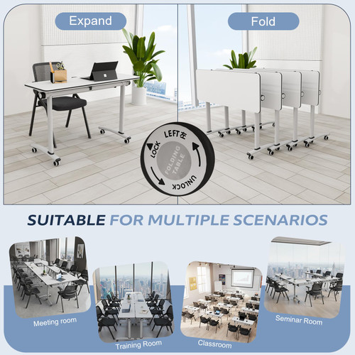 6 Pack Folding Conference Tables with Wheels,47.2in Flip Top Modular Conference Table,Mobile Joinable Conference Tables,Stackable Space-Saving Training Table for Office Classroom Seminar(White3)