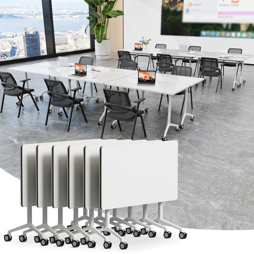 6 Pack Folding Conference Tables with Wheels,70.8in Flip Top Modular Conference Table,Mobile Joinable Conference Tables,Stackable Space-Saving Training Table for Office Classroom Seminar(White2)
