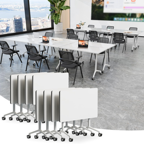 8 Pack Folding Conference Tables with Wheels,55.1in Flip Top Modular Conference Table,Mobile Joinable Conference Tables,Stackable Space-Saving Training Table for Office Classroom Seminar(White2)