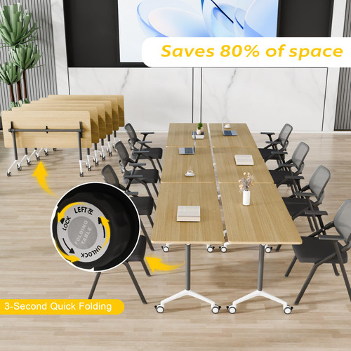 8 Pack Folding Conference Tables with Wheels,55.1in Flip Top Modular Conference Table,Mobile Joinable Conference Tables,Stackable Space-Saving Training Table for Office Classroom Seminar(Yellow)