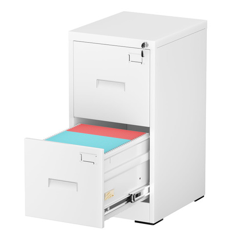 2 Drawer File Cabinet, White Metal Filing Cabinet with Lock, Lockable Vertical File Office Cabinet for Hanging Letters/Legal/A4, Assembly Required