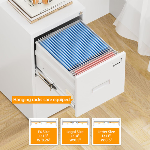2 Drawer File Cabinet, White Metal Filing Cabinet with Lock, Lockable Vertical File Office Cabinet for Hanging Letters/Legal/A4, Assembly Required