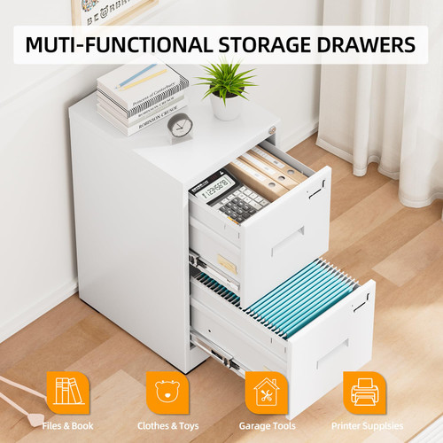 2 Drawer File Cabinet, White Metal Filing Cabinet with Lock, Lockable Vertical File Office Cabinet for Hanging Letters/Legal/A4, Assembly Required