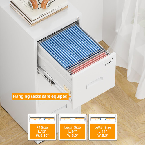 3 Drawer File Cabinet, White Metal Filing Cabinet with Lock, Locking Tall File Cabinets with 4 Adjustable Hanging Frame for Home Office, Name Tag