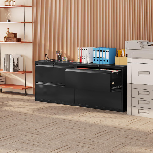 Lateral File Cabinet 2 Drawer, Black Metal File Cabinets for Home Office, Locking File Cabinet for Letter/Legal/F4/A4 Size, Easy Assembly