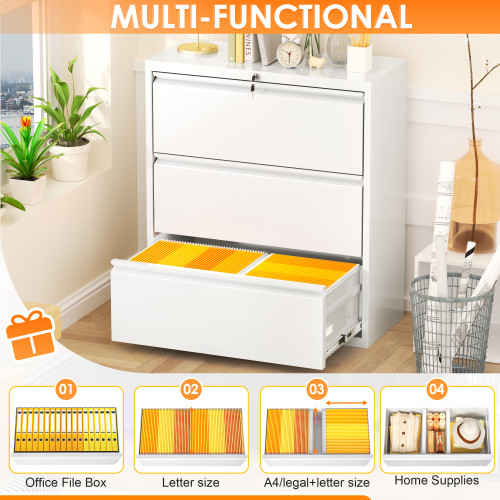 Lateral File Cabinet 3 Drawer, Metal File Cabinets for Home Office, Locking File Cabinet for Letter/Legal/F4/A4 Size Hanging Files, Easy Assembly, White