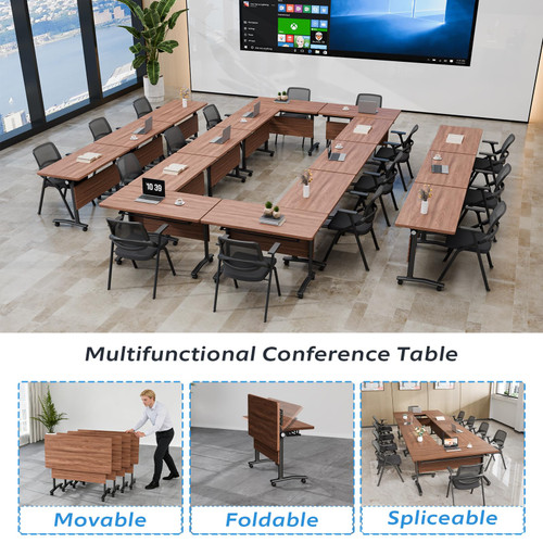 8 Pack Folding Conference Tables with Wheels,70.8in Flip Top Modular Conference Table,Mobile Joinable Conference Tables,Stackable Space-Saving Training Table for Office Classroom Seminar(Walnut)